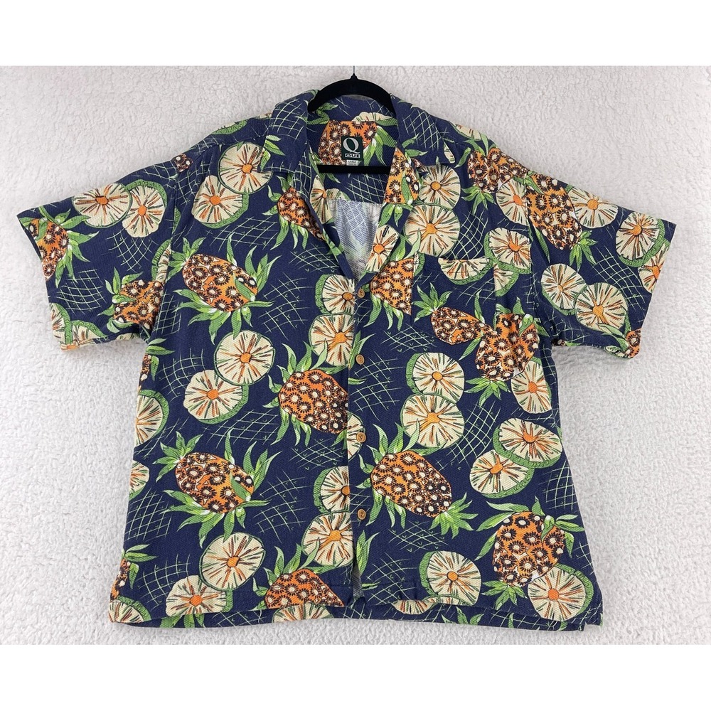 Que Blue Pinapple Hawaiian Print Button-Up Shirt Mens VTG Short‎ Sleeve Size L